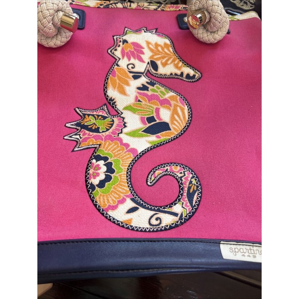 Spartina 449 Salt Meadow Beach Bag Pink Seahorse Print Linen Lined Rope Handle - Picture 7 of 12
